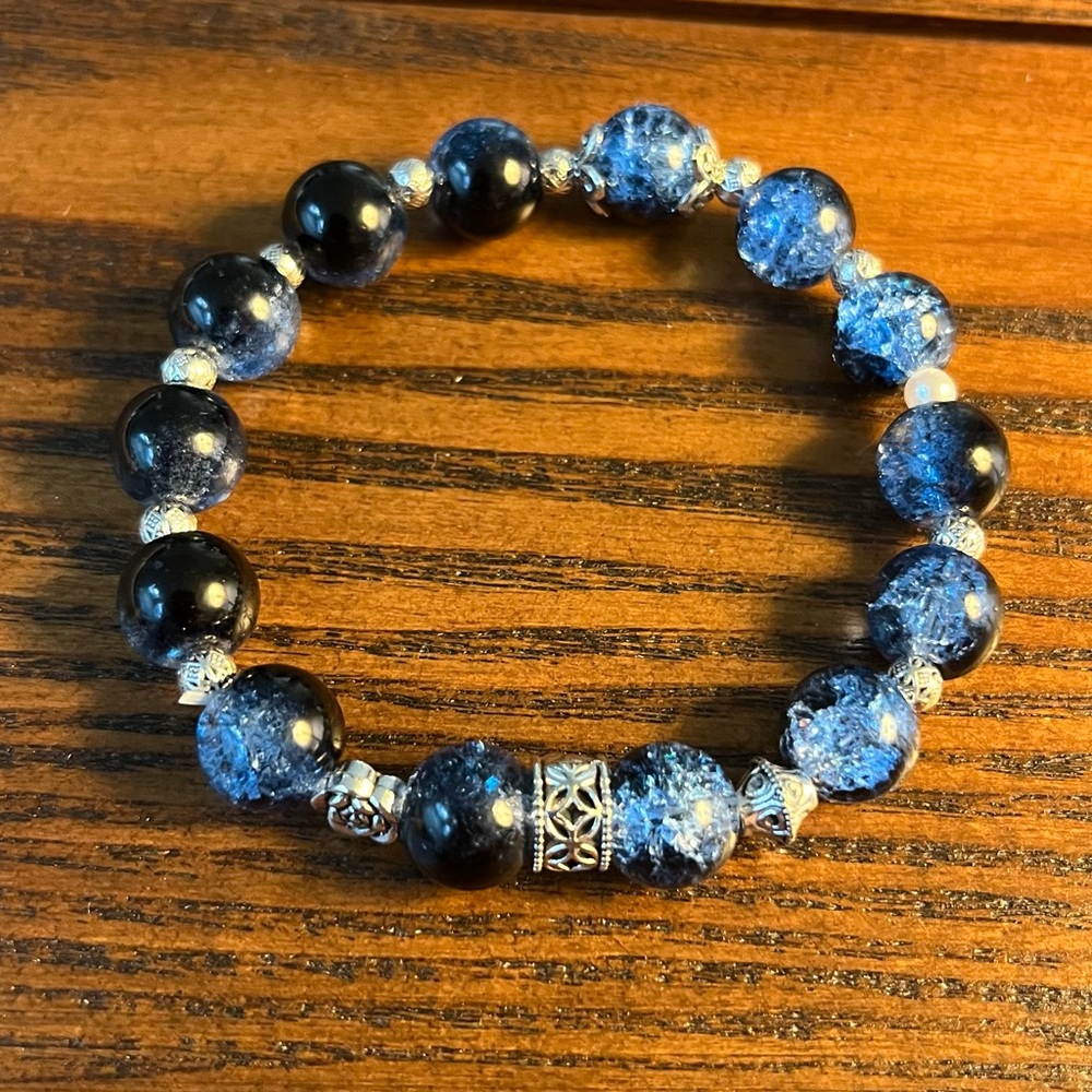 Blue Glass Bead Stretch Bracelet with Silver Accents